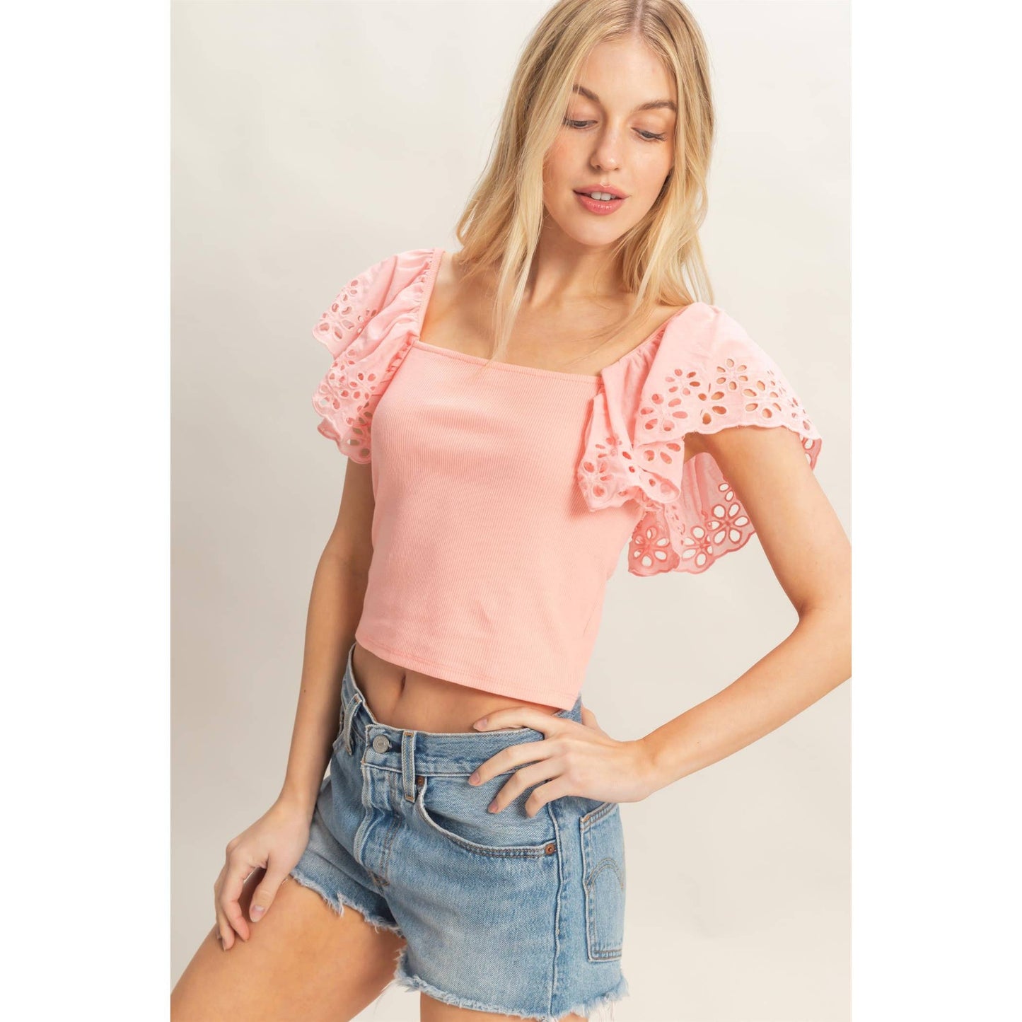 Square Neck Eyelet Sleeve Top