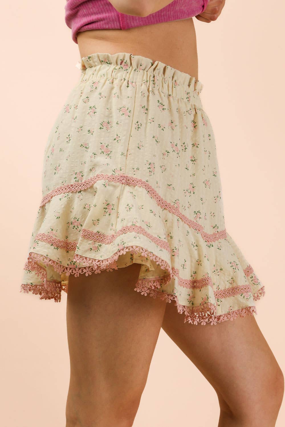 Floral Printed Ruffled Shorts W/ Crochet Trim
