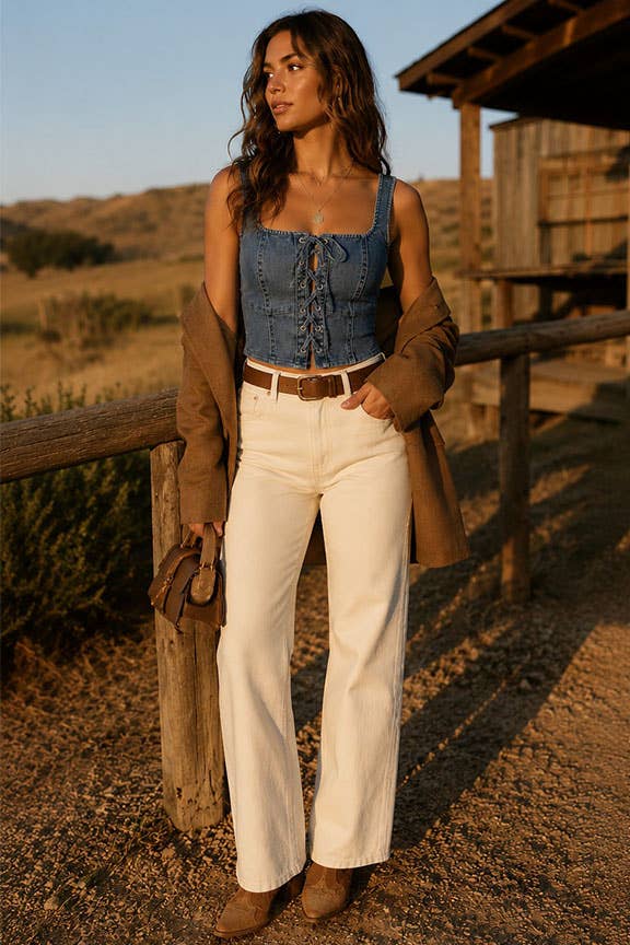 Lace-Up Denim Corset Crop Top