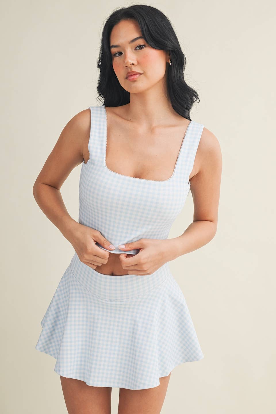 Gingham Print Crop Tank with Lace Trim