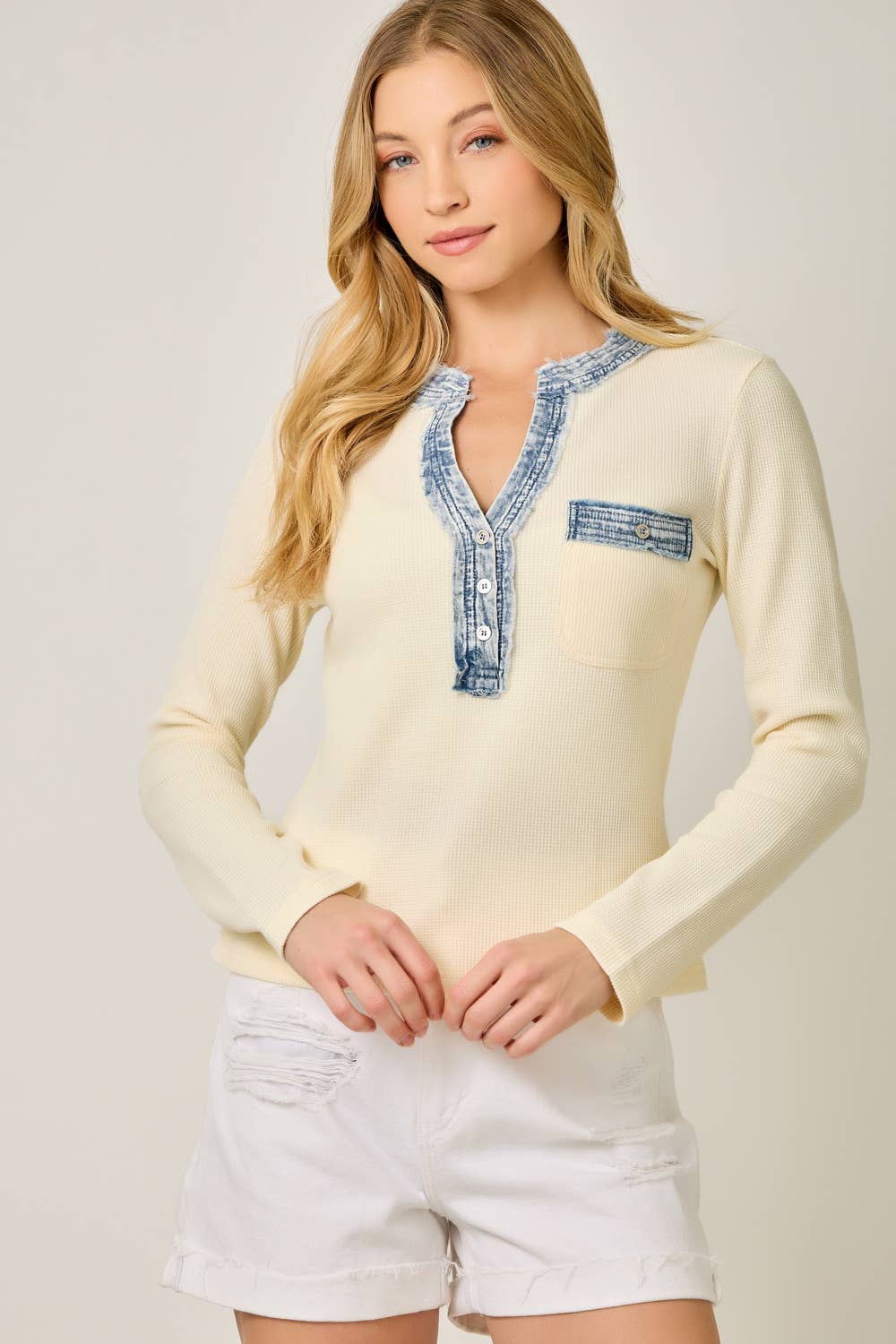 Denim Mixed Henley Top