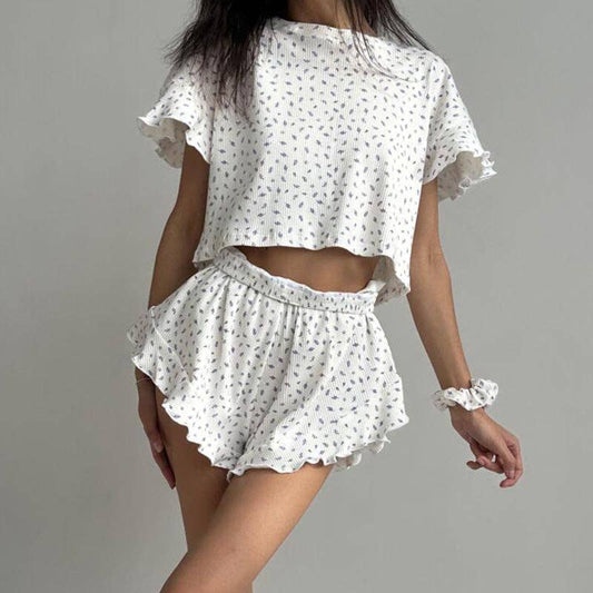 Graphic Ruffle Hem Cropped Shirt & Shorts Pajama Set