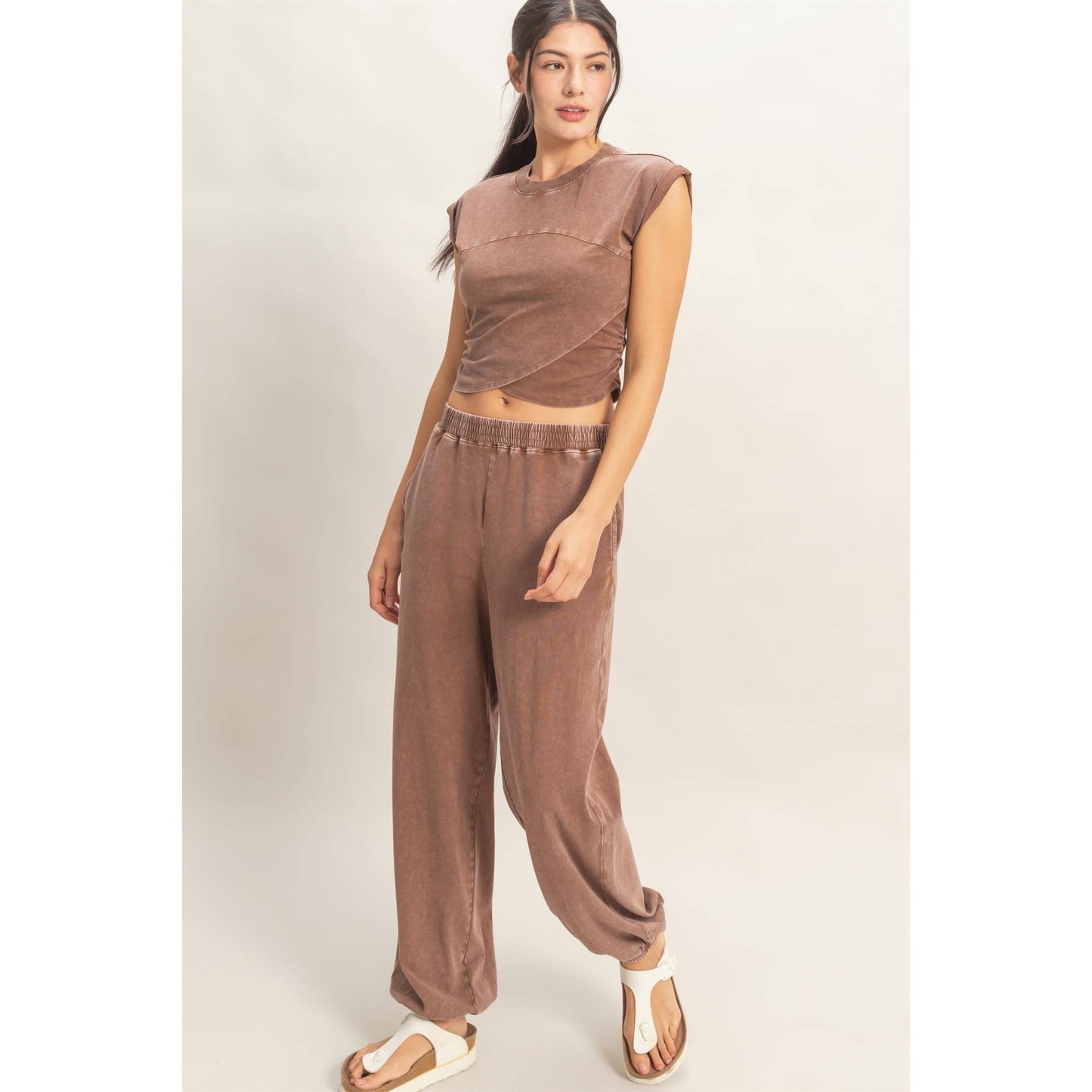 Rolled Sleeve Wrap-Front Crop Top And Jogger Set (Sold As Separates)