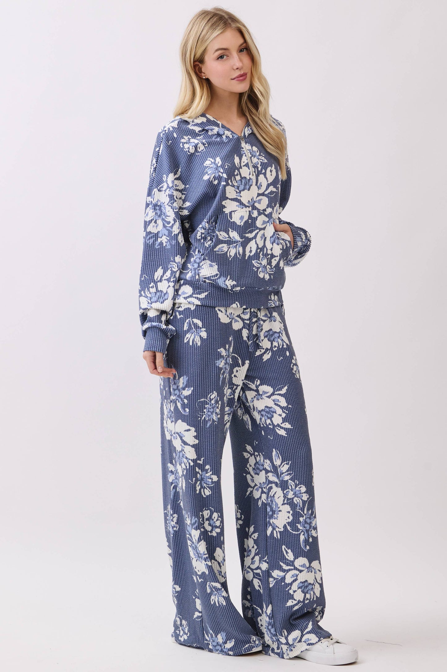 Floral Print Rib Knit Hoodie
