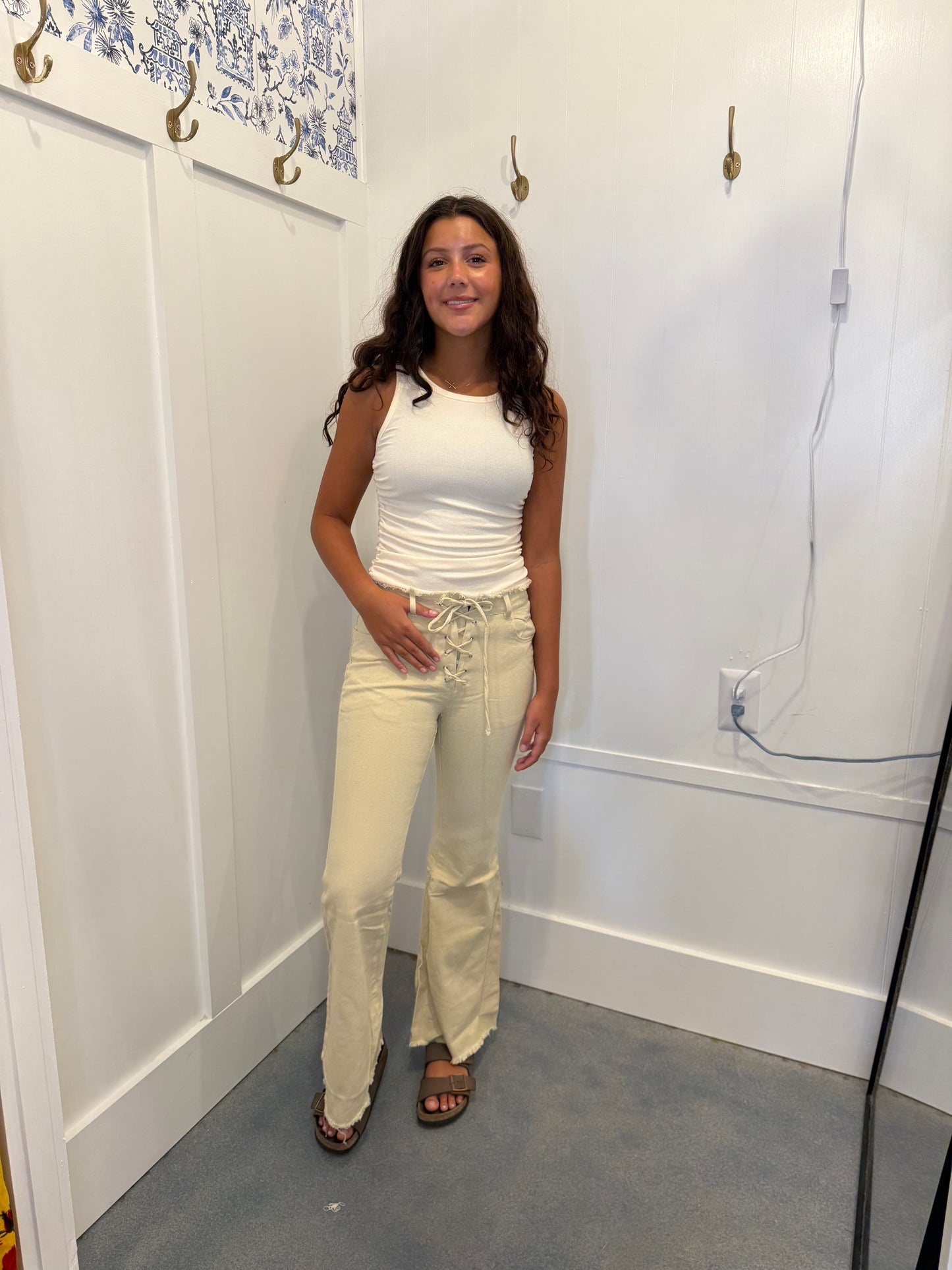 High waist lace up front flare leg jeans