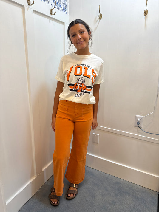HIGH RISE WIDE LEG TWILL PANTS WITH FINISHED HEM