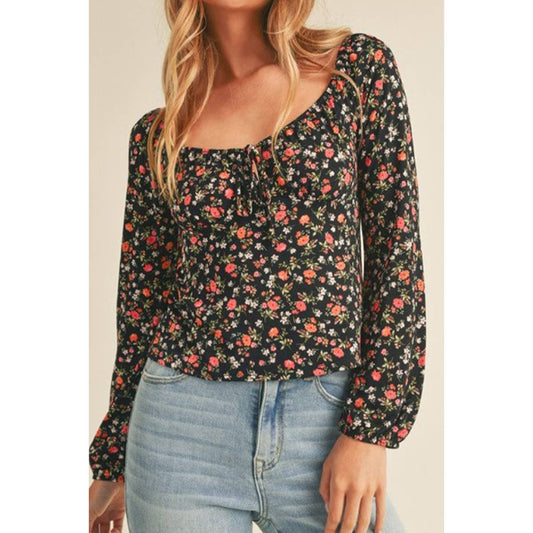 Floral Print Tie Front Long Sleeve Peasant Top