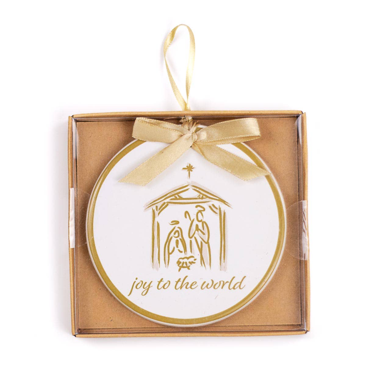 Joy To The World Ornament   White/Light Gold   4"