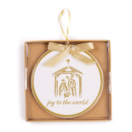 Joy To The World Ornament   White/Light Gold   4"