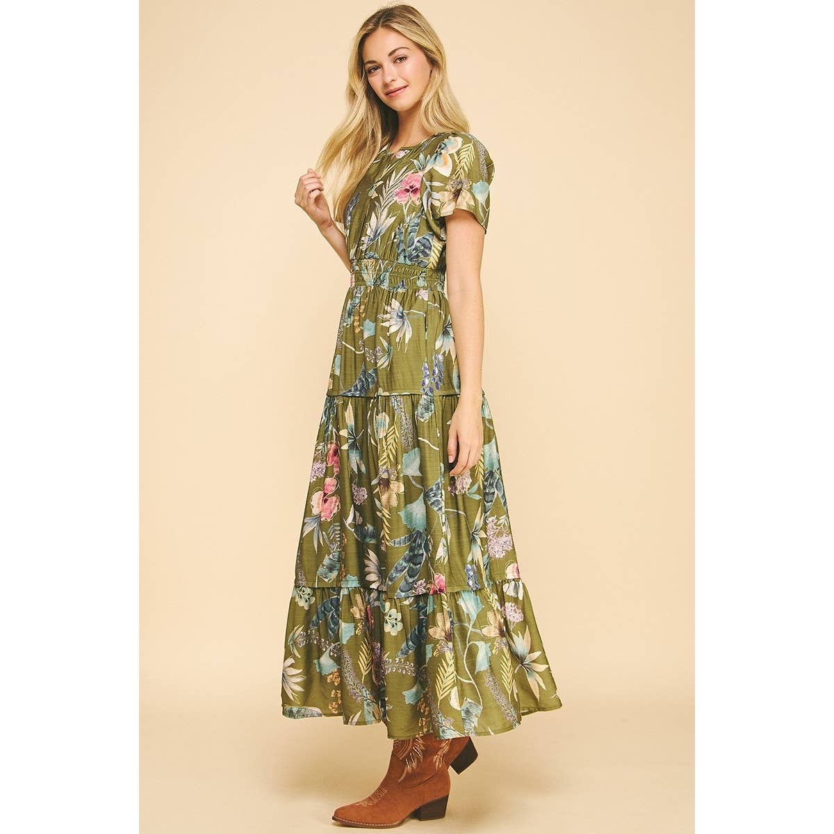 Floral Print Split Neck Tiered Maxi Dress