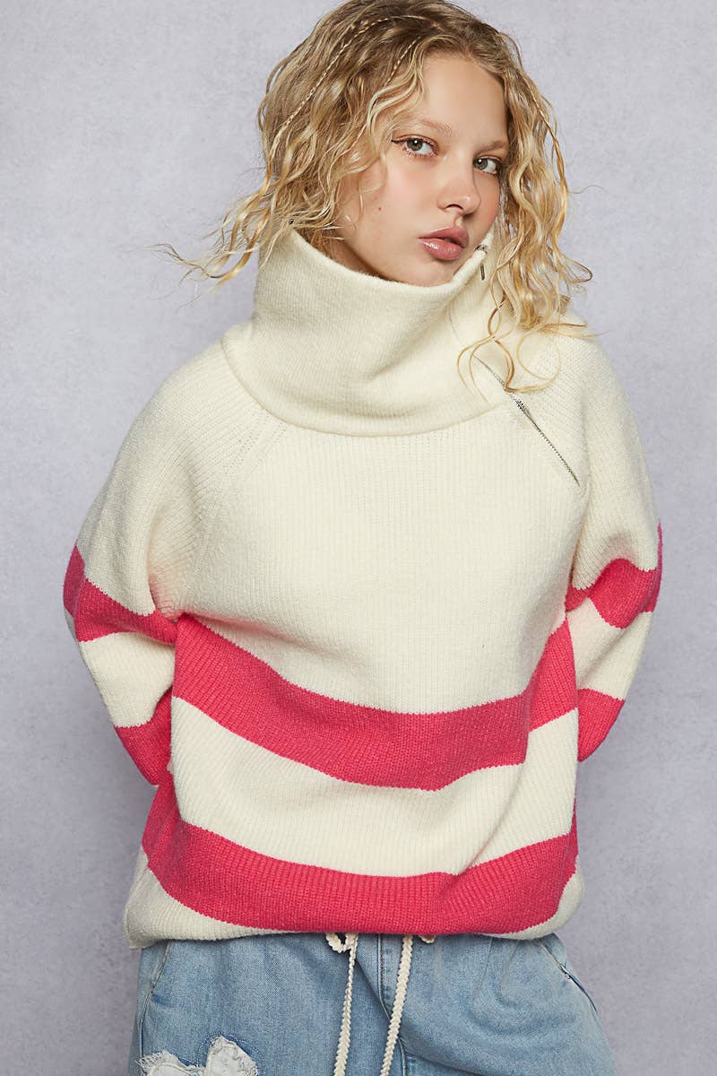 Long Sleeve Mock Neck Contrast Stripe Sweater Top