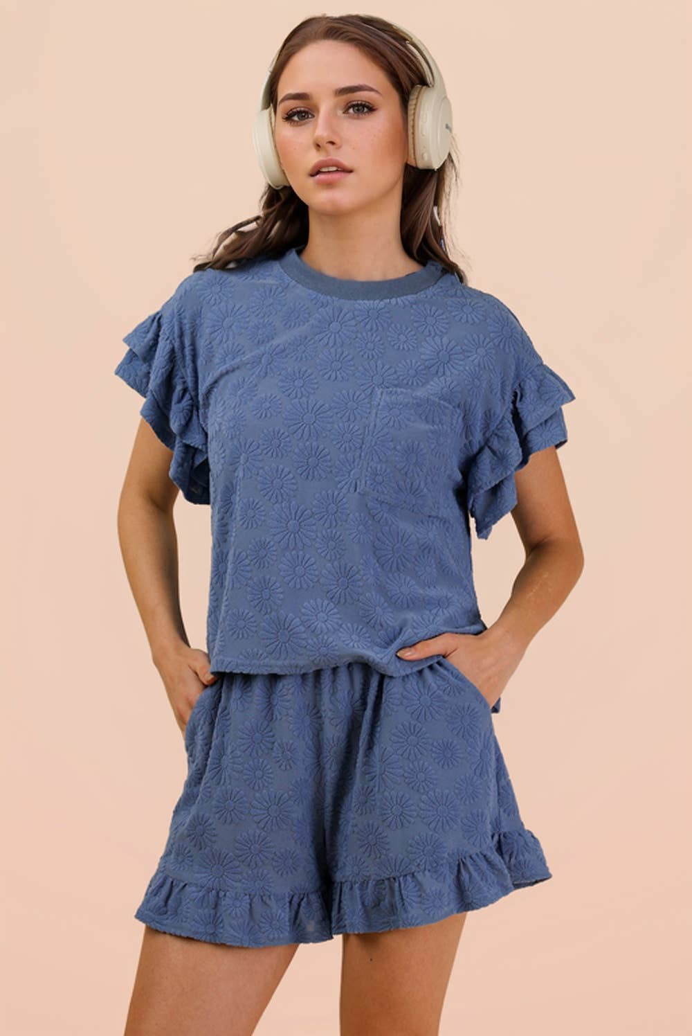 Floral Textured Ruffled Knit Top & Shorts Set (Sold as Separates)