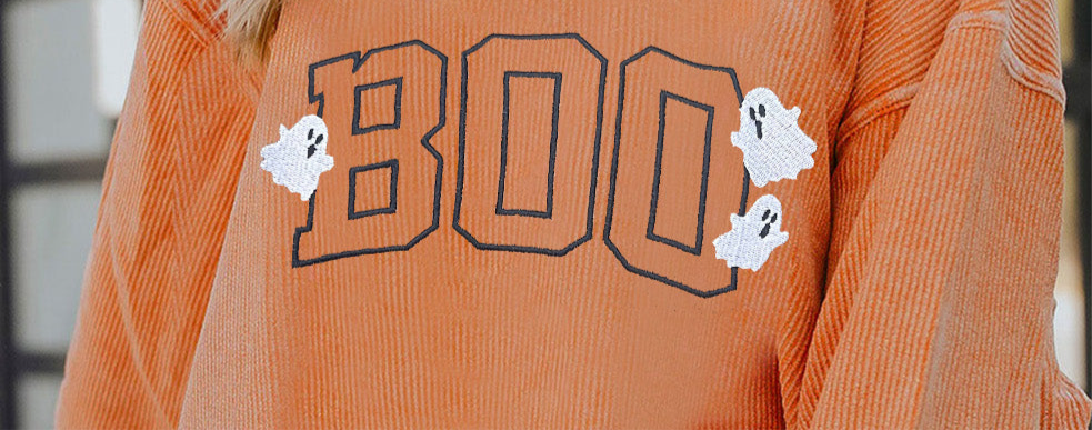 Embroidered BOO Ghost Corded Halloween Sweatshirt