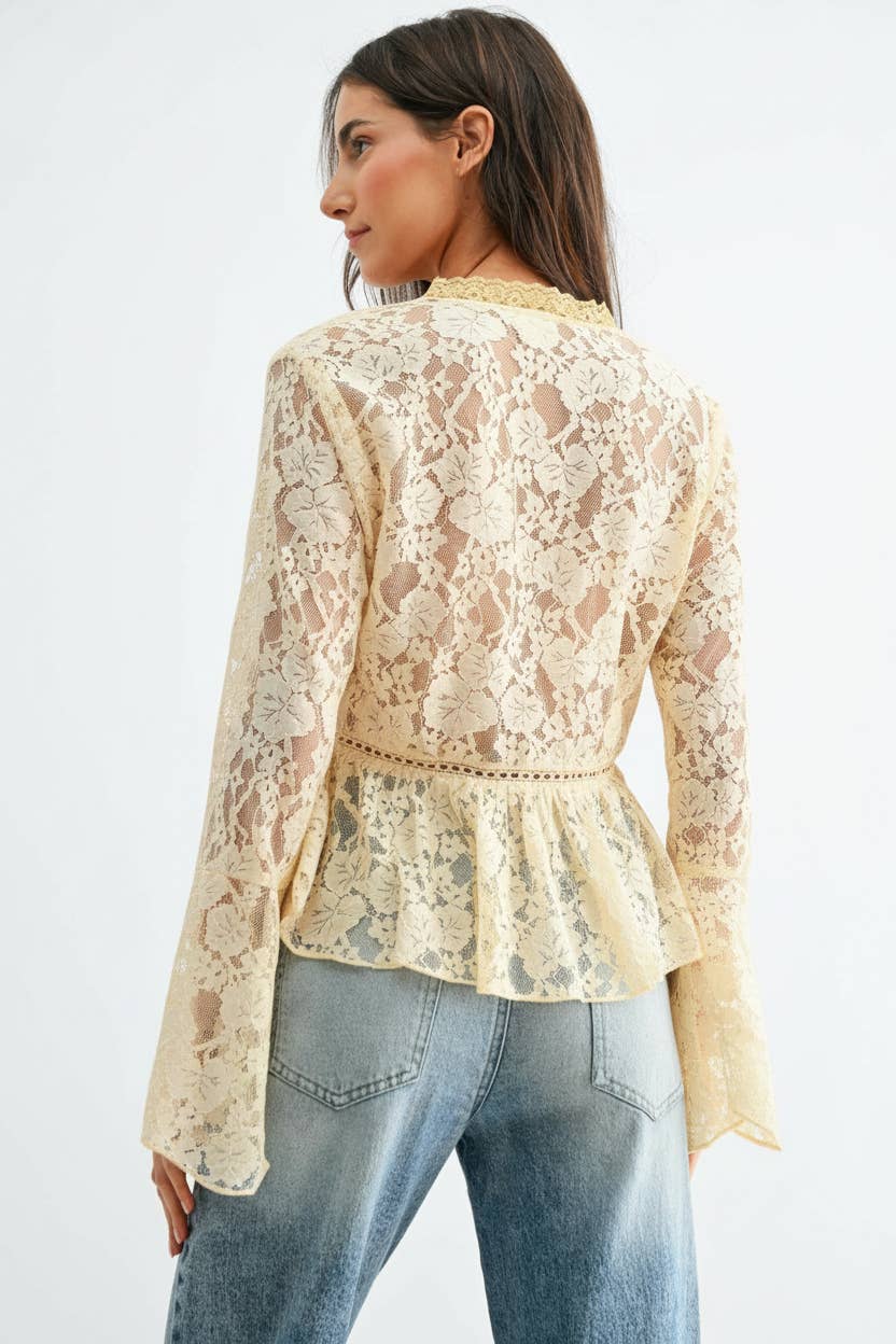 Lace Button-Down Blouse with Flared Sleeves