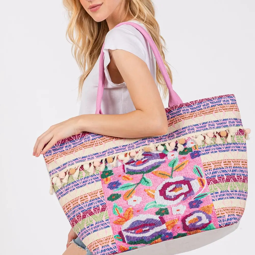 BOHO Print Pom Pom Fringe Tote Bag