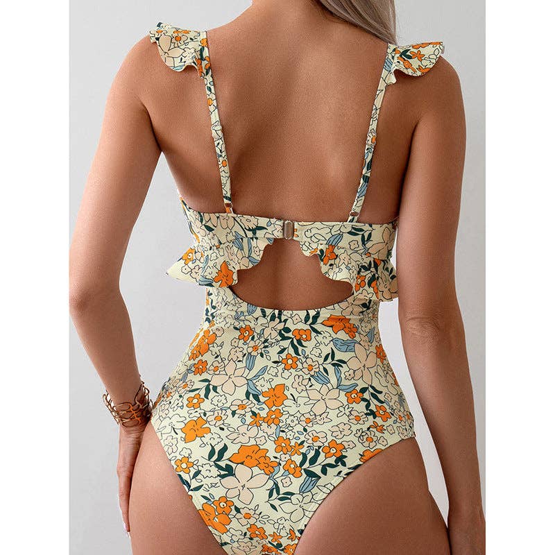 Print Flounce Sweet U-Neck One Piece Swimwear