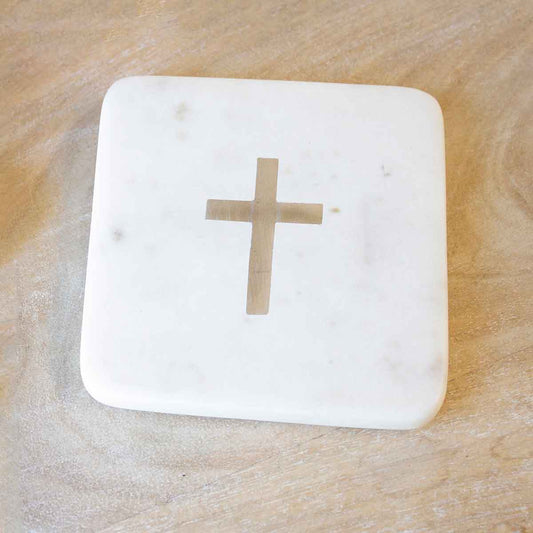 Cross Marble Coasters   White/Brass