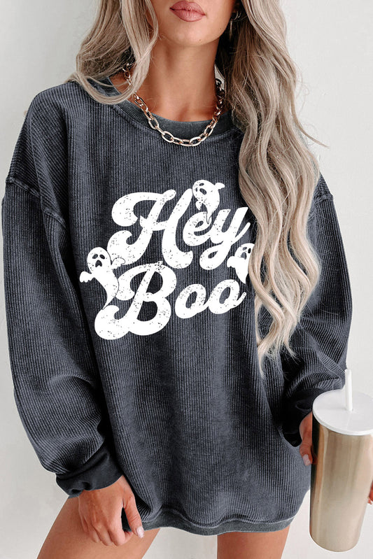 Corded Hey Boo Ghost Graphic Drop Shoulder Halloween Sweatshirt