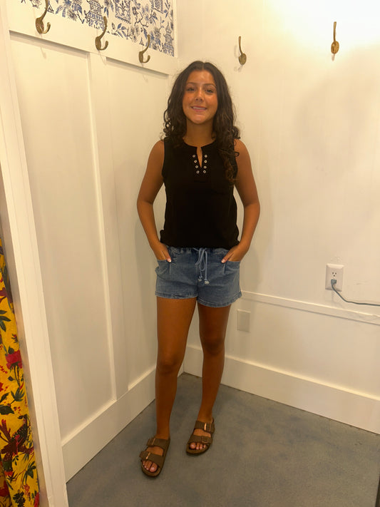 Drawstring High Waist Casual Denim Shorts with Pockets