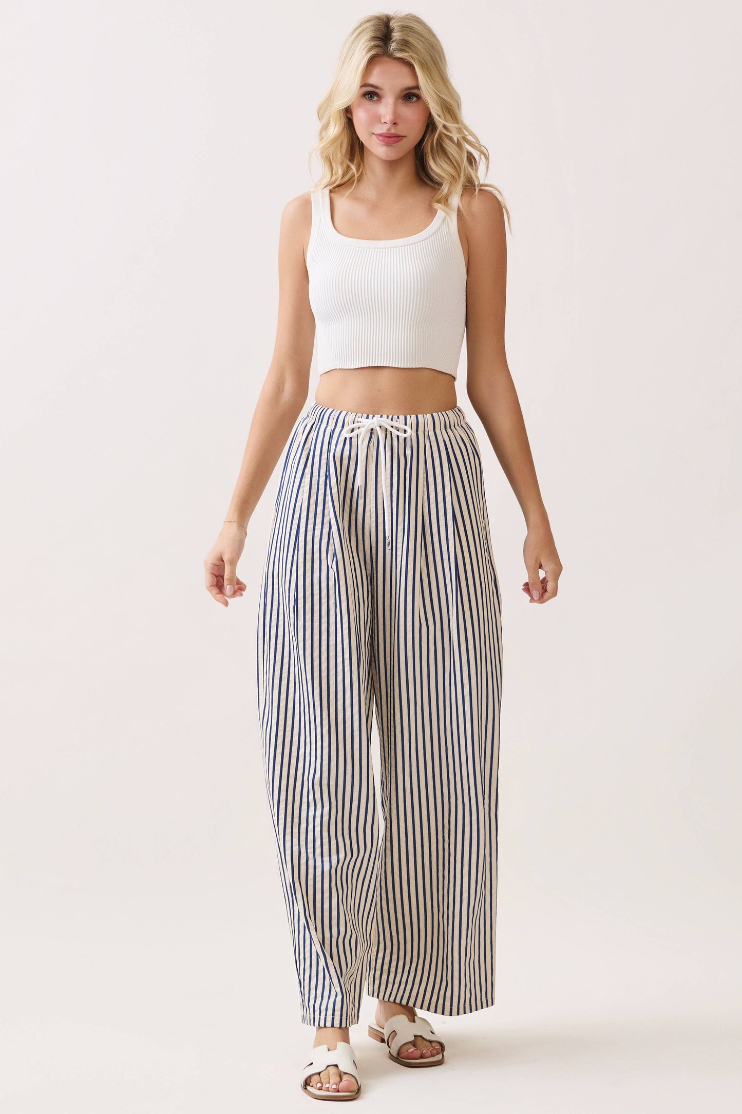 Striped Wide-Leg Drawstring Pants