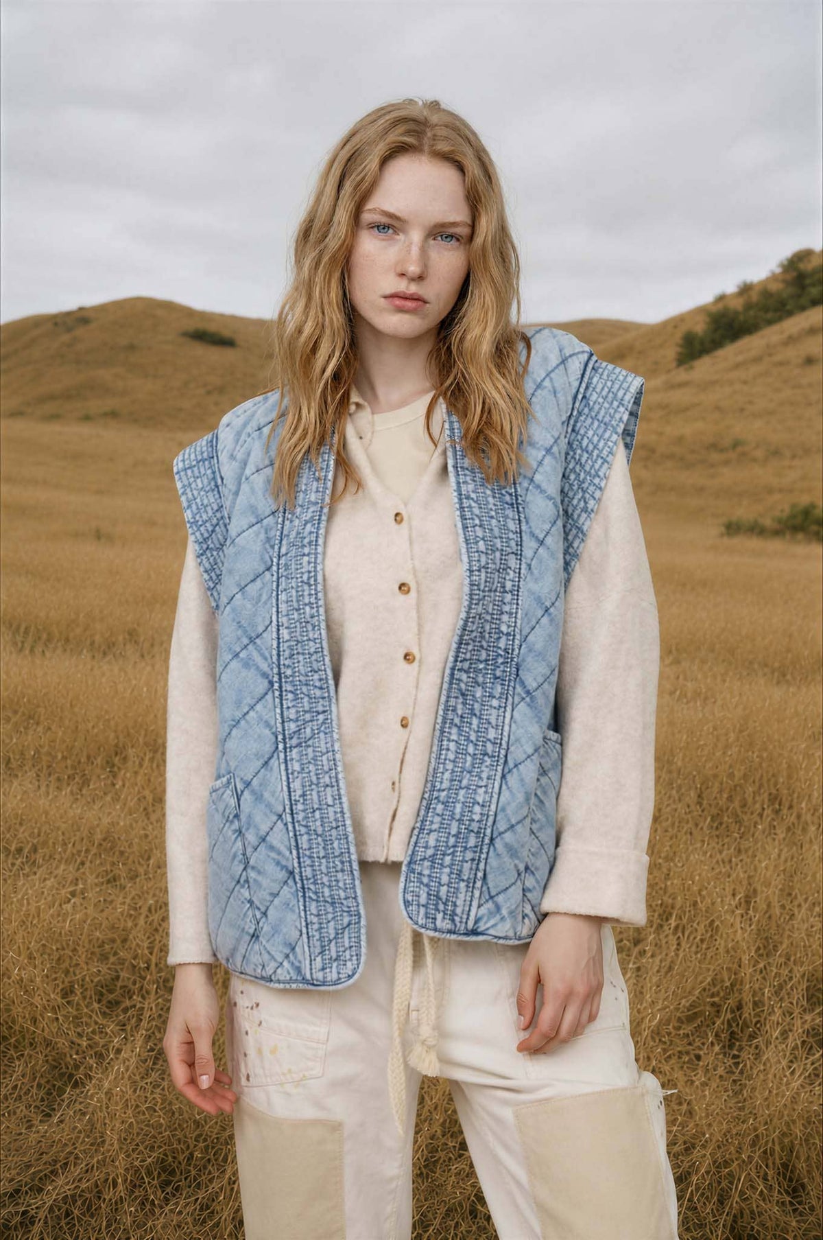 WASHED DENIM QUILTED SHAWL VEST