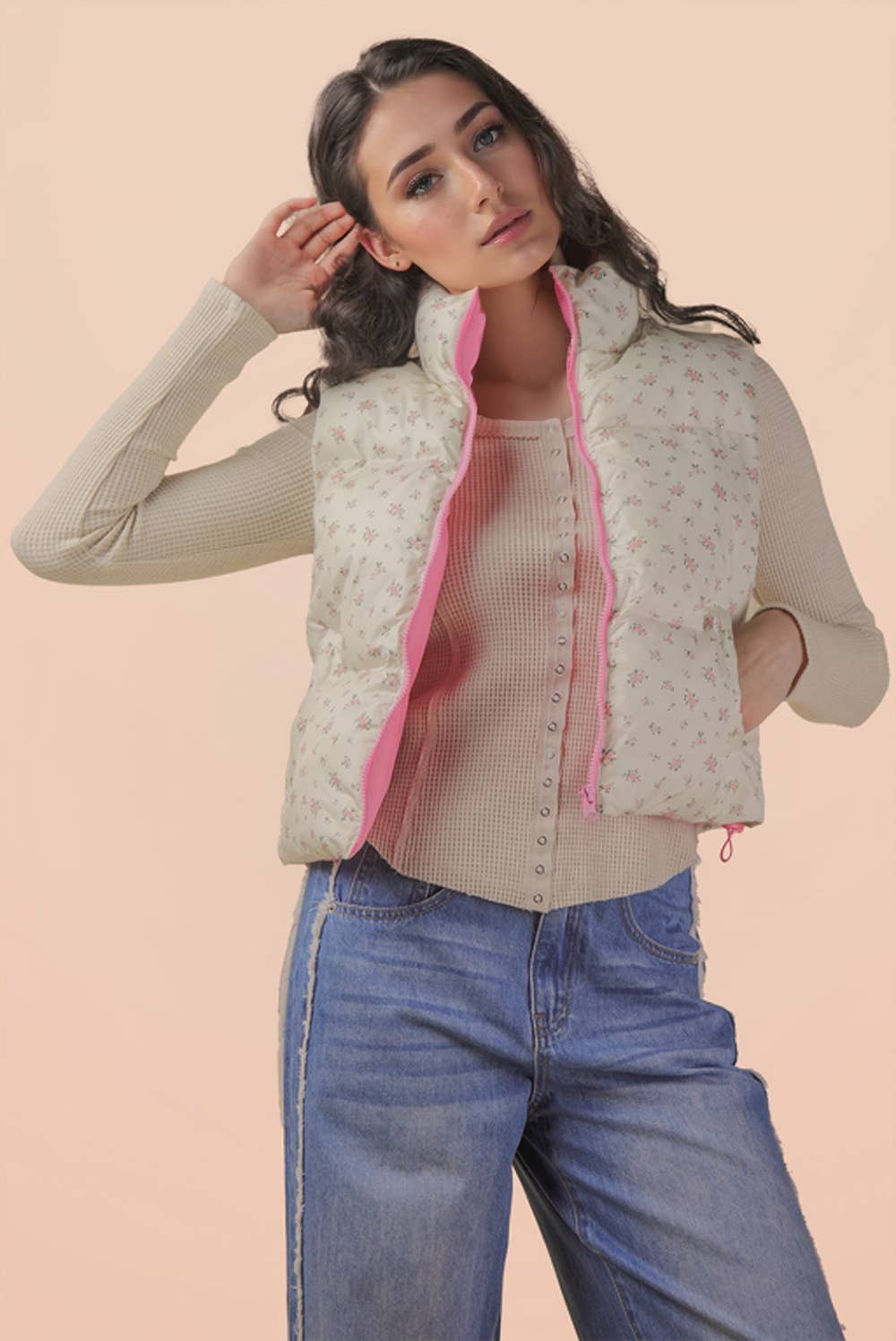 Floral Printed Cropped Puffer Vest