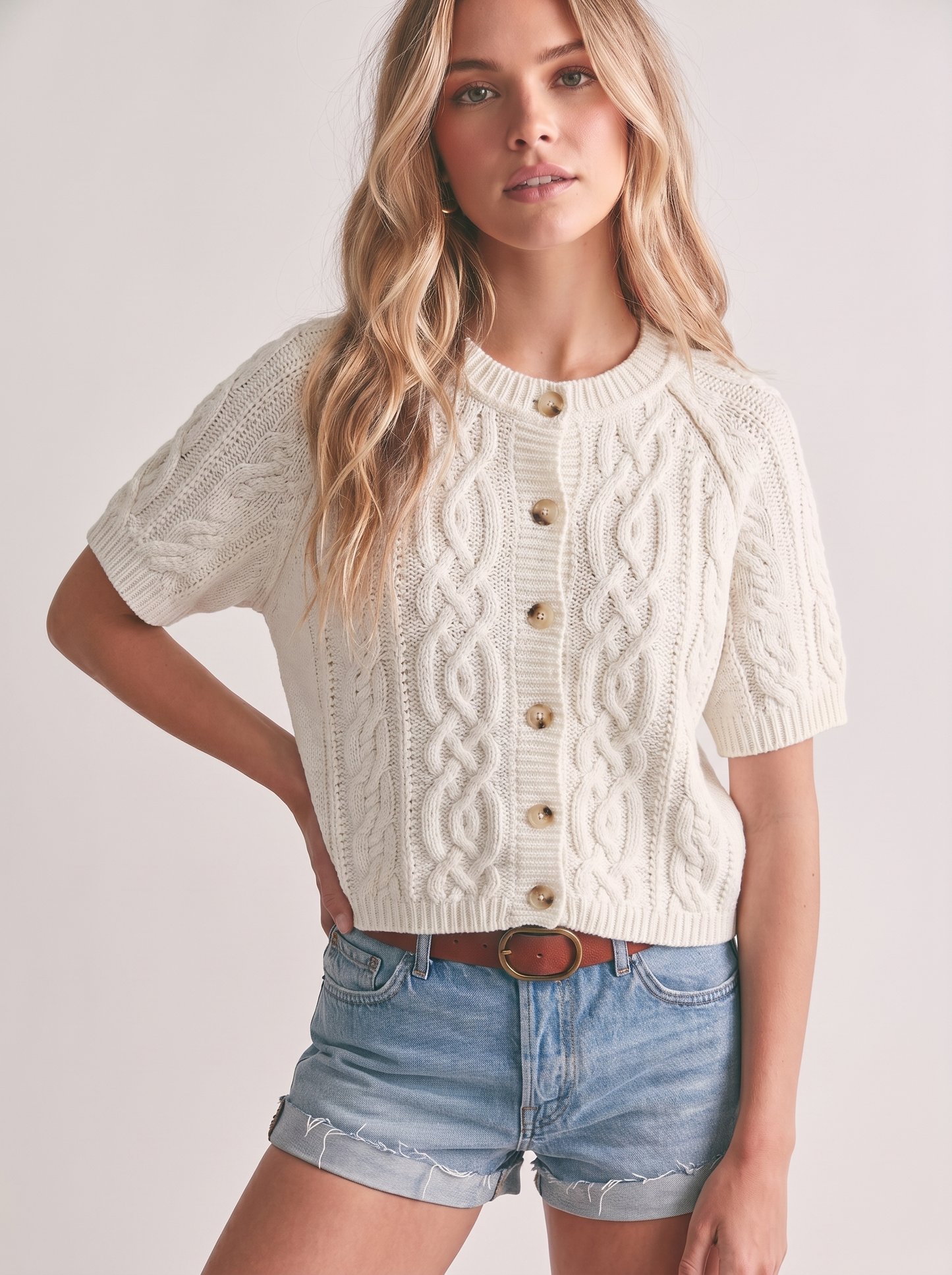 CABLE KNIT BUTTON-UP SHORT SLEEVE TOP