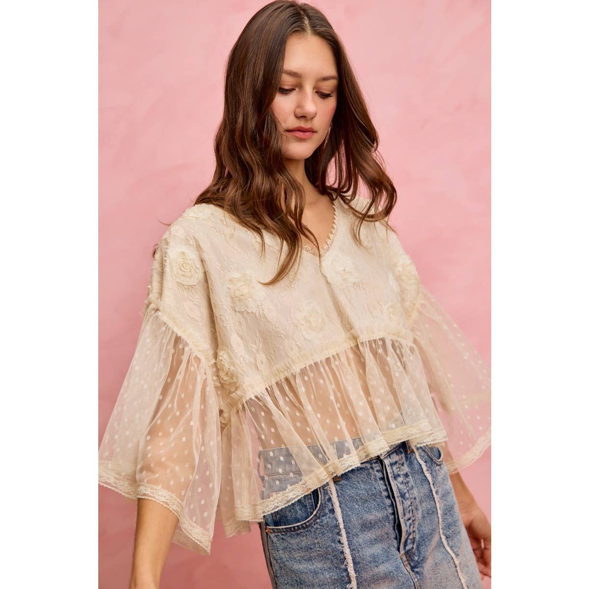 FLORAL APPLIQUE LACE FLOWY V NECK BLOUSE TOP