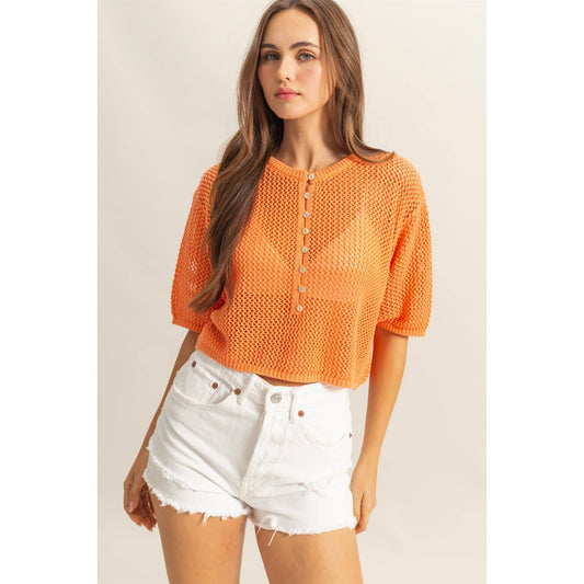 Open Stitch Button Front Loose Top