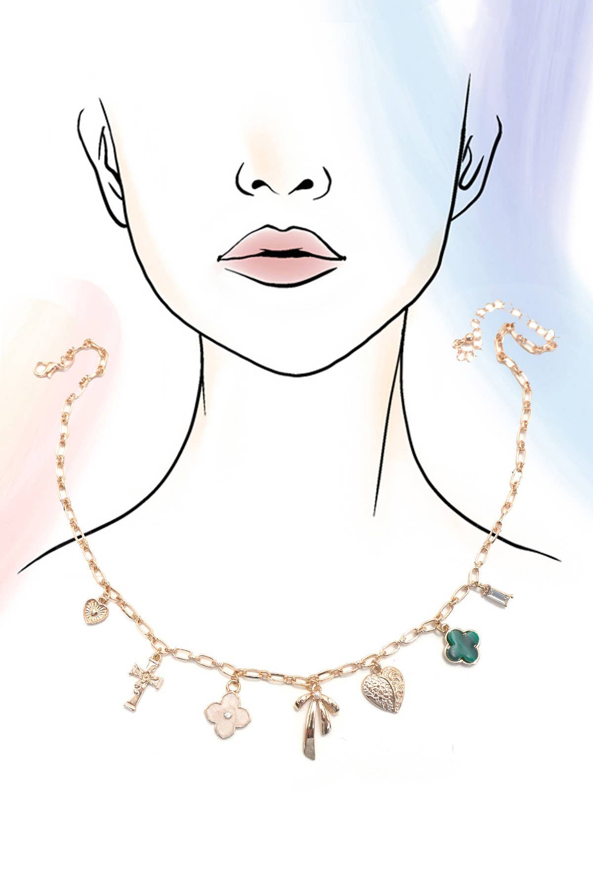 CHARM NECKLACE-GREEN CLOVER BOW CROSS HEART