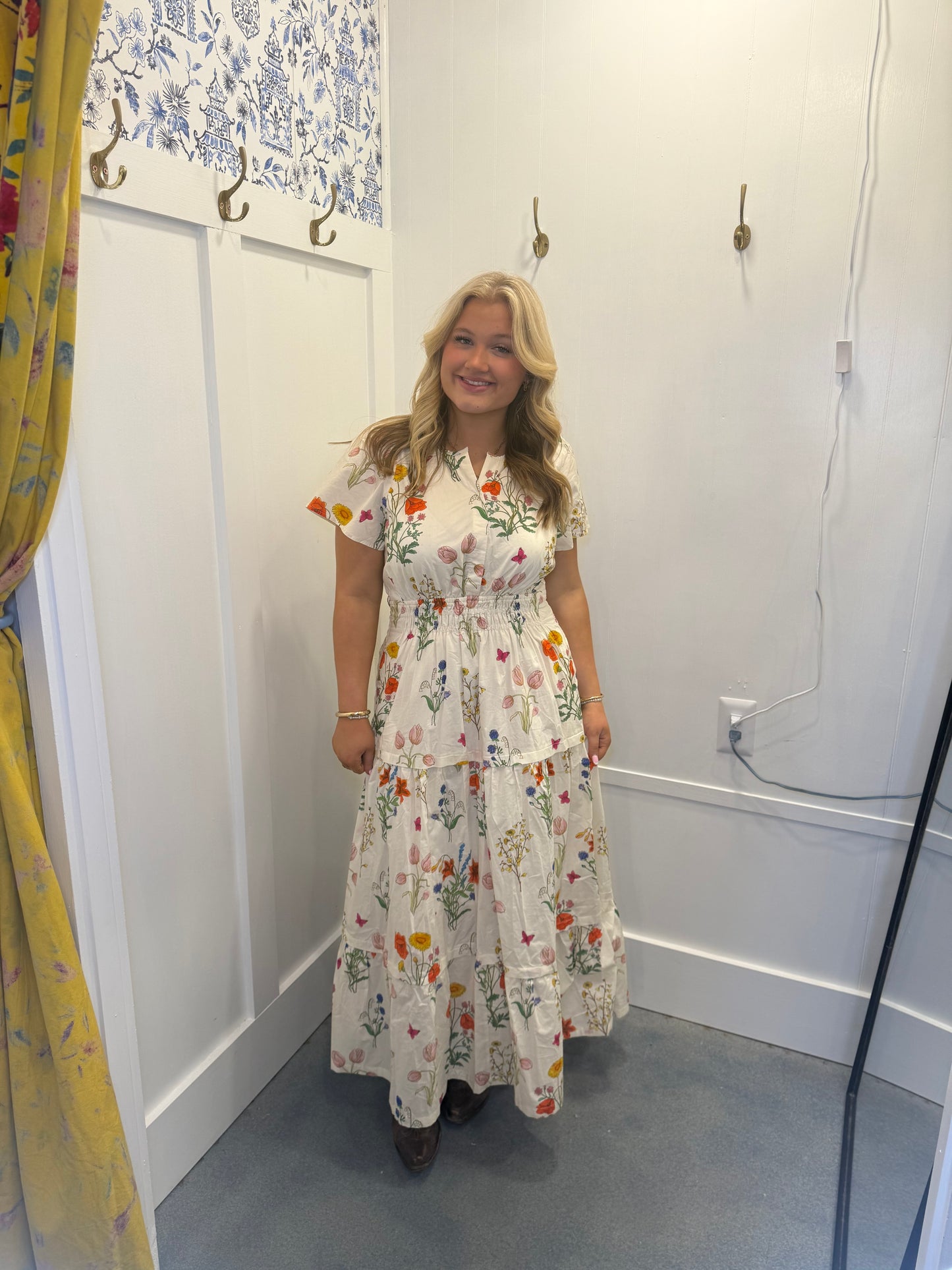 Floral Print Maxi Dress With Short Sleeves, Smocked Waist