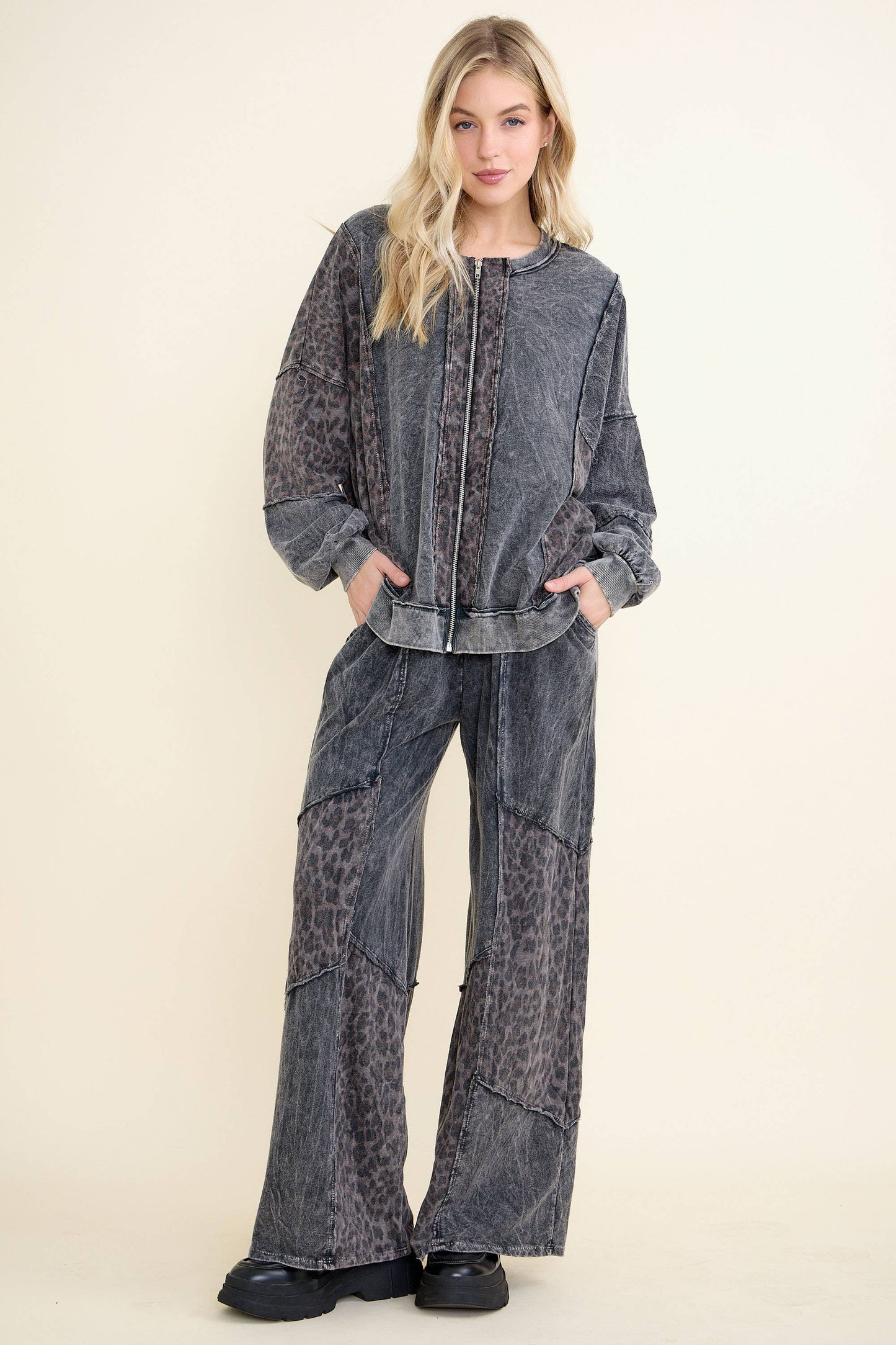 Mineral Washed Leopard Animal Patchwork Pants