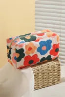 Flower Print Zipper Square Corduroy Cosmetic Bag