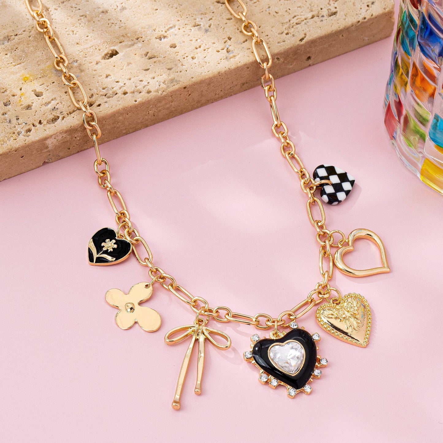 CHARM NECKLACE-BOW CHECKER HEART RHINESTONE