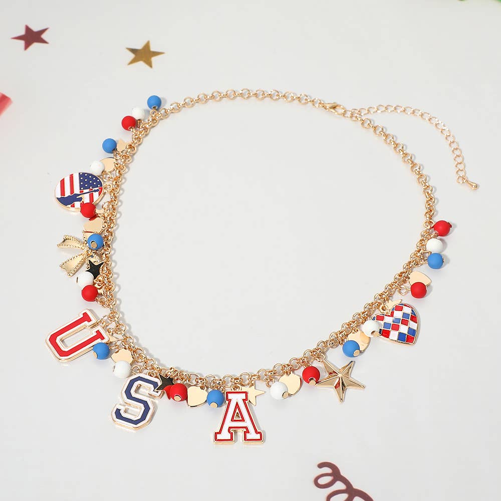 American USA Flag Star Bow Faceted Bead Ball Station Necklace