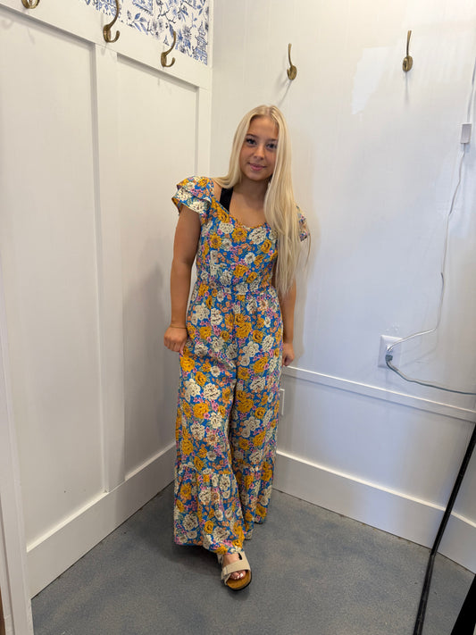 Floral Allover Print Shirred Cut Out High Waist Jumpsuit