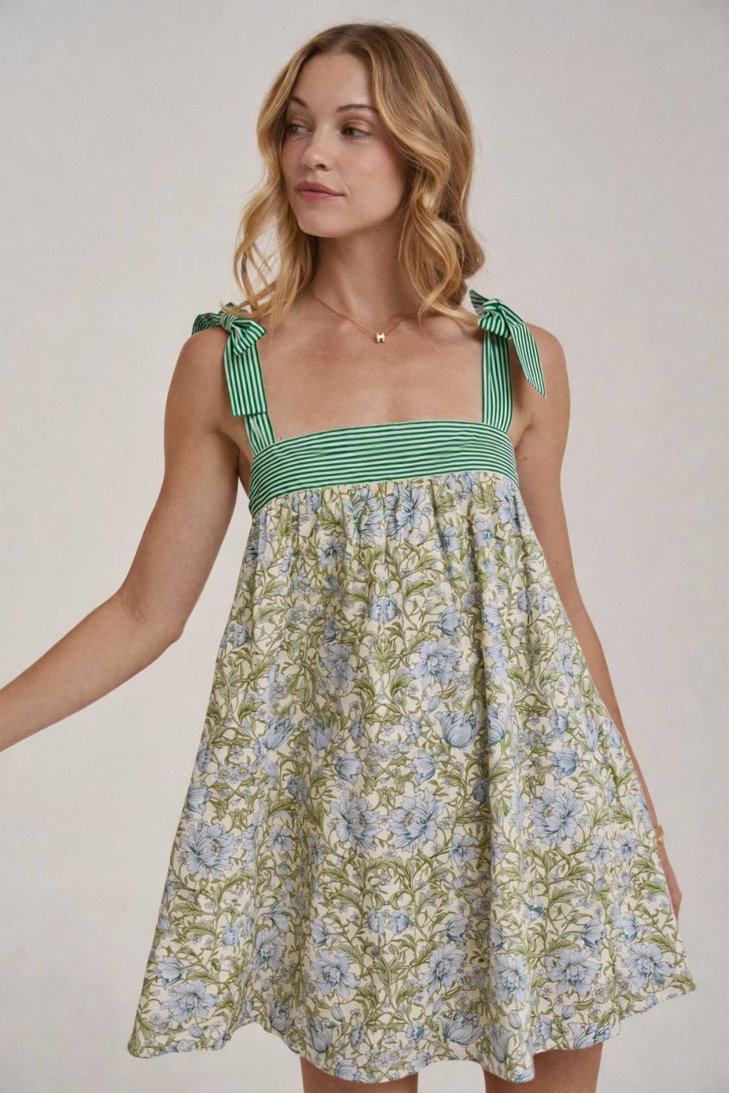 FLORAL BABYDOLL A LINE MINI DRESS WITH STRIPE TIE STRAP