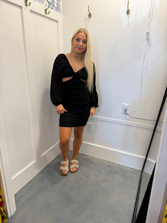 BALLOON SLEEVE CUTOUT RUCHED MINI DRESS