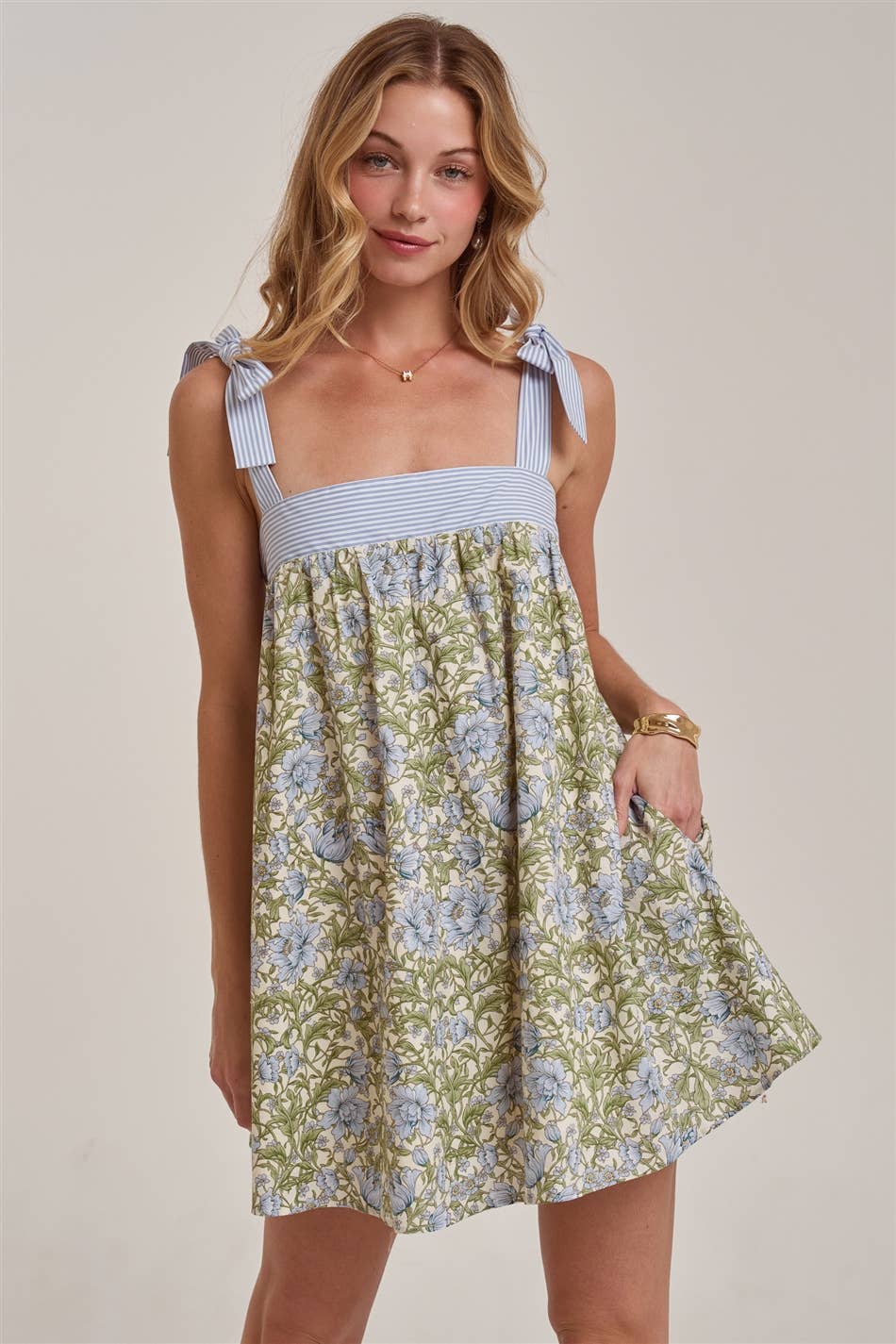 FLORAL BABYDOLL A LINE MINI DRESS WITH STRIPE TIE STRAP