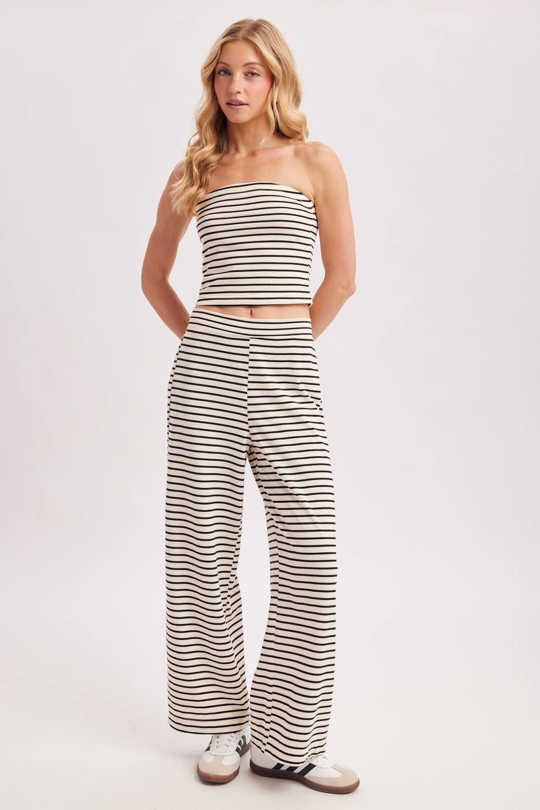 STRIPED KNIT TUBE AND WIDE PANTS SET (Sold as Separates)