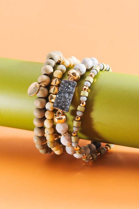 DRUZY WOOD NATURAL BEAD 4 ROW STRETCH BRACELET SET