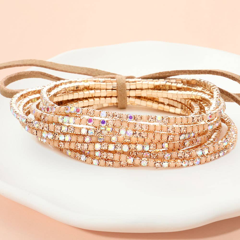 12PCS - Ribbon Pearl Rhinestone Layered Stretch Bracelets