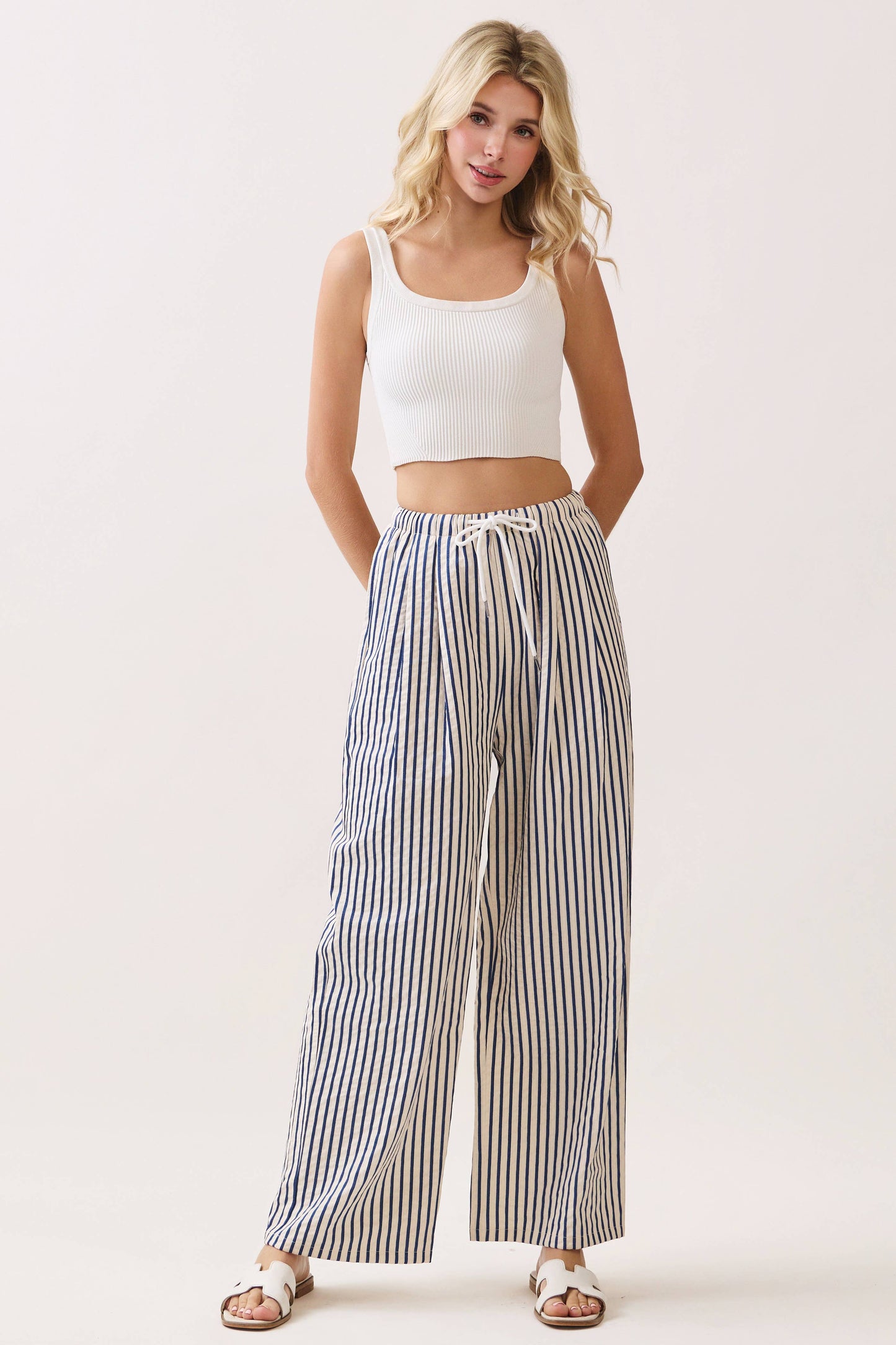 Striped Wide-Leg Drawstring Pants