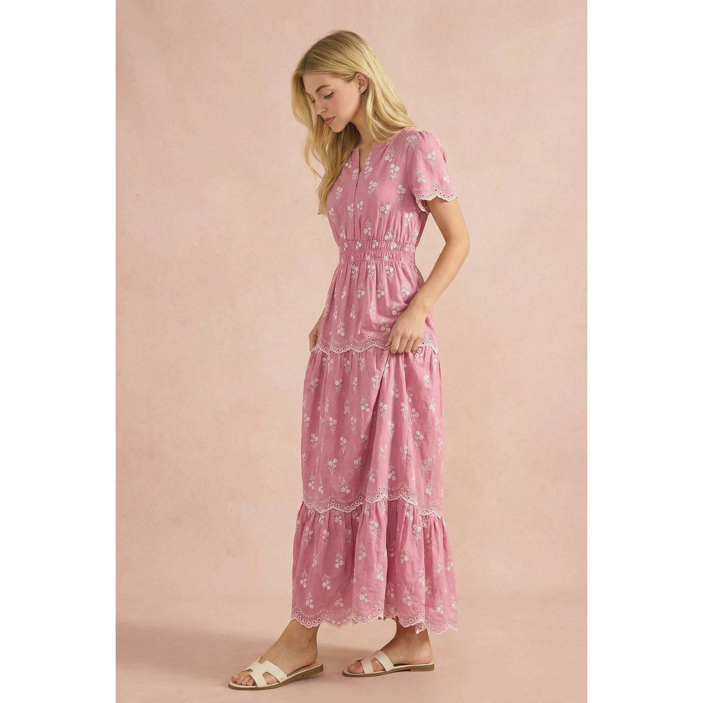 MAXI DRESS WITH WHITE FLORAL EMBROIDERY, SMOCKED WAIST