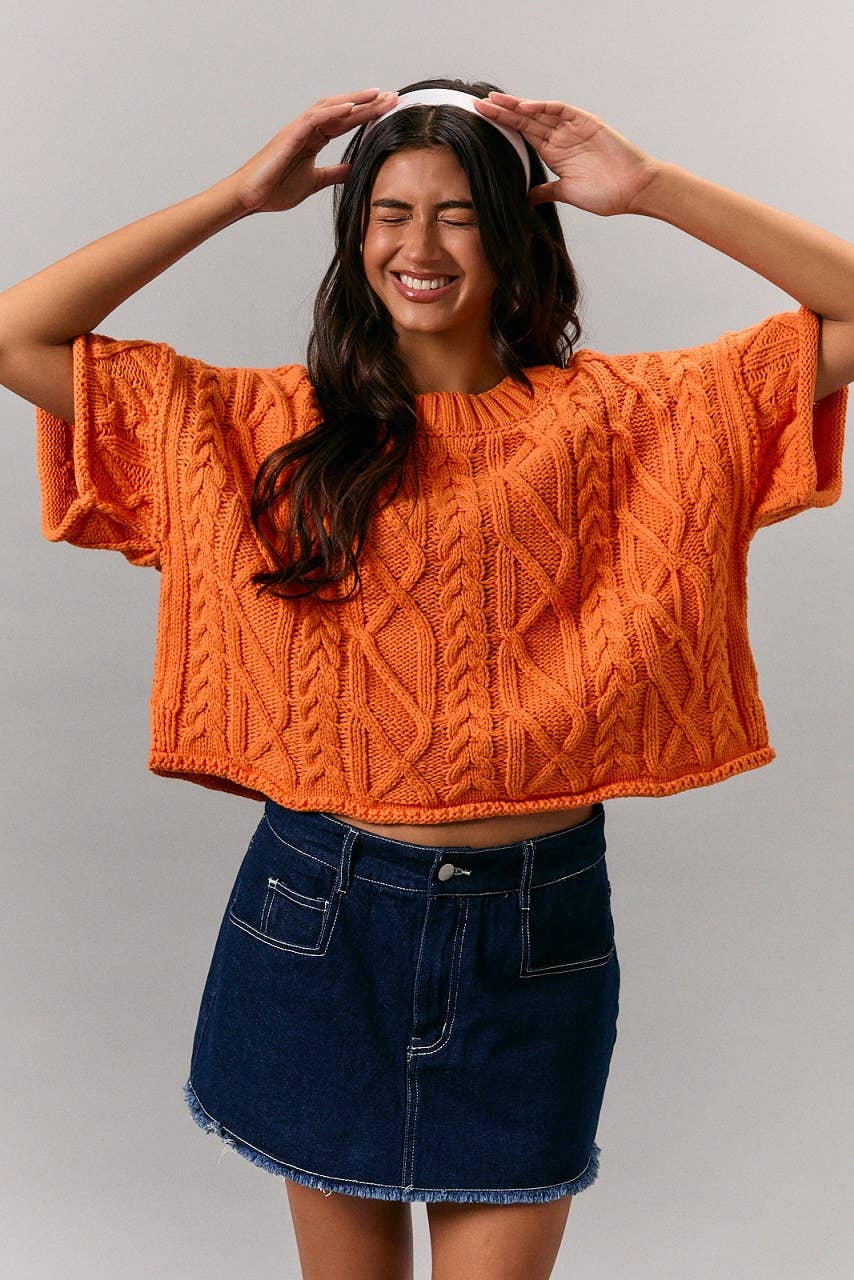ROUND NECK SHORT SLEEVE KNIT SWEATER TOP