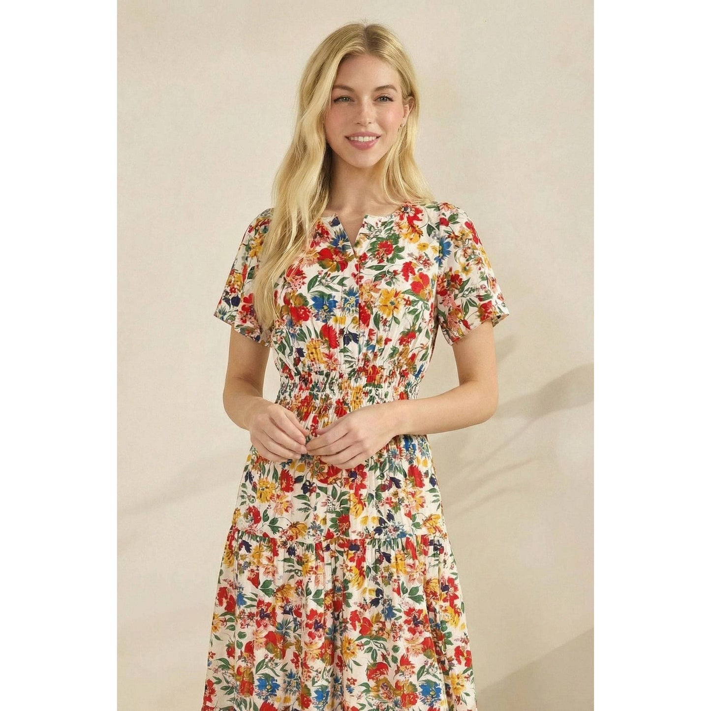 Floral Printed Smocked Short Sleeve Maxi Dress