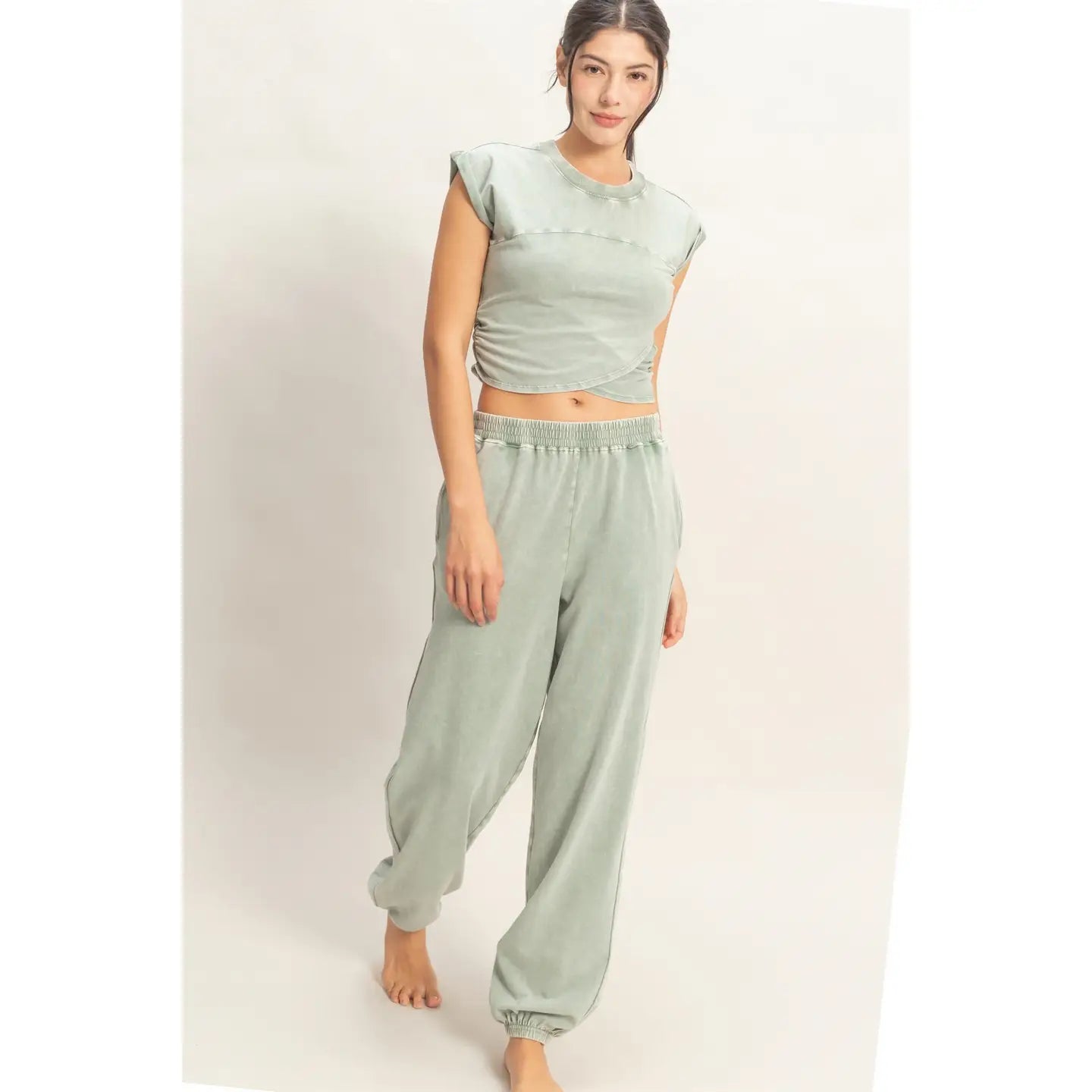 Rolled Sleeve Wrap-Front Crop Top And Jogger Set (Sold As Separates)
