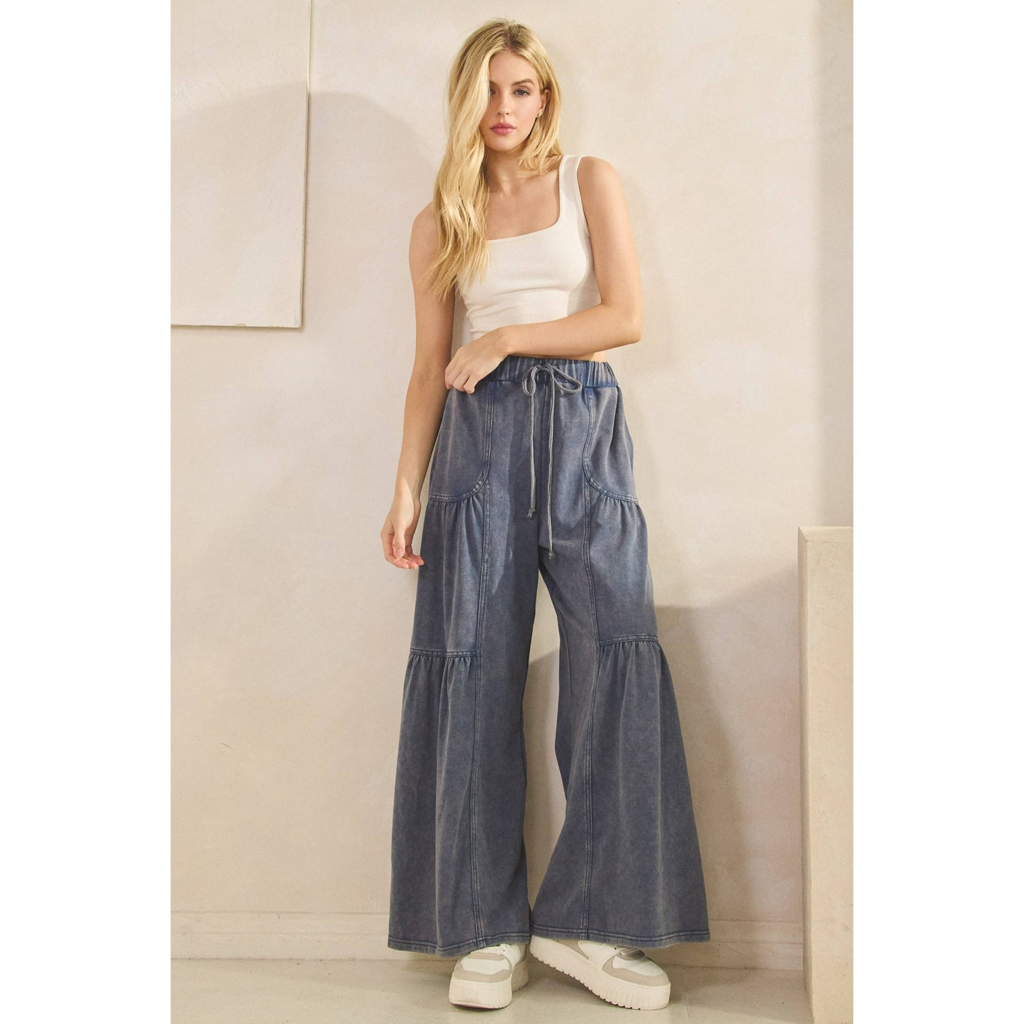 WASHED TIERED WIDE-LEG DRAWSTRING PANTS
