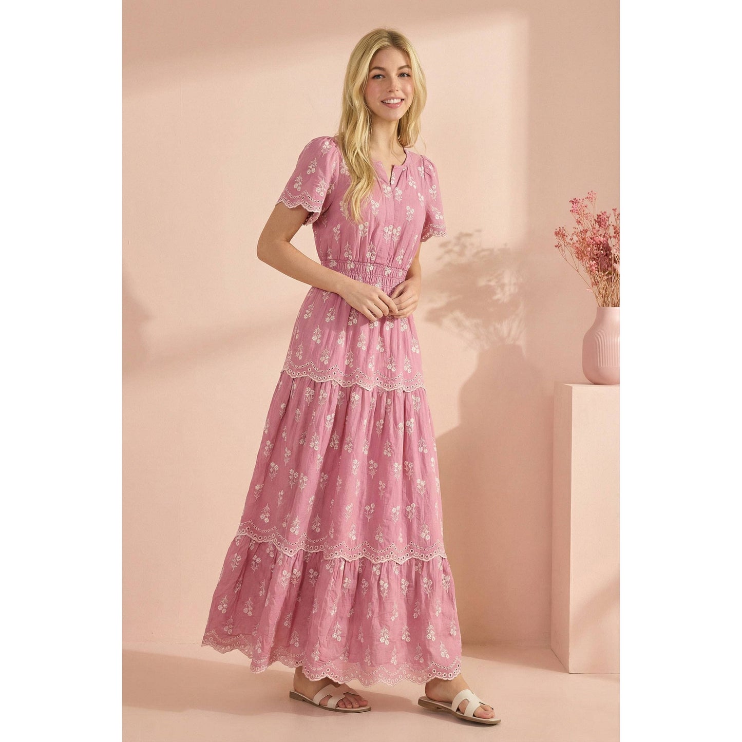 MAXI DRESS WITH WHITE FLORAL EMBROIDERY, SMOCKED WAIST