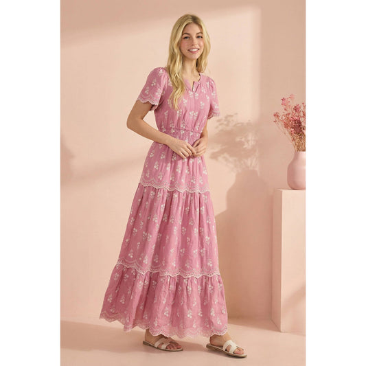 MAXI DRESS WITH WHITE FLORAL EMBROIDERY, SMOCKED WAIST